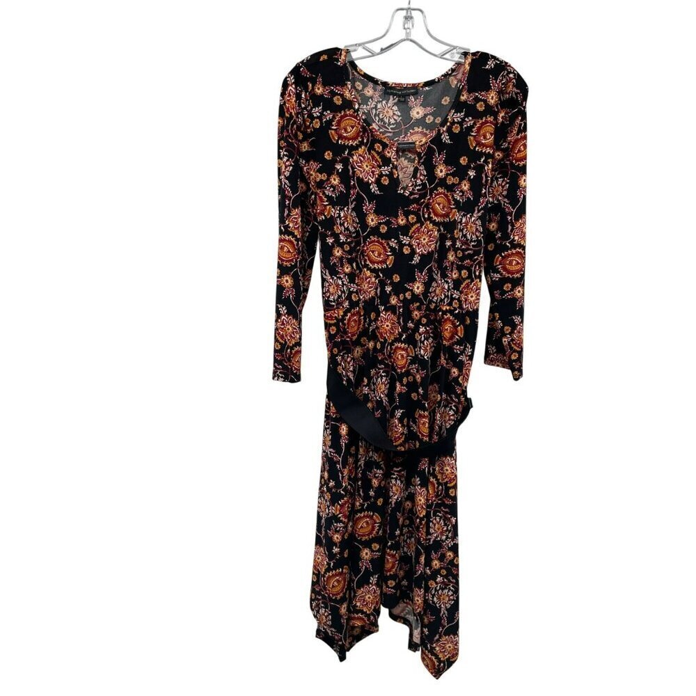 Adrienne Vittadini Floral A-Line Dress Long Sleeve Belted Size Large